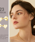 Heart Shaped Titanium Stud Earrings With Flat Back For Sensitive Ears 5mm Gold Tone Screw On Cartilage Earrings Hypoallergenic Nickel Free Lightweight Everyday Wear For Women And Men Skin Safe on model