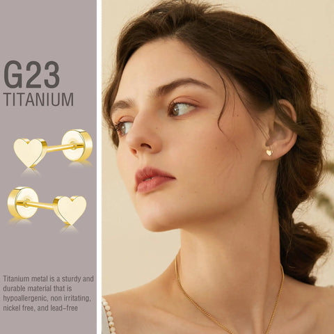 Heart Shaped Titanium Stud Earrings With Flat Back For Sensitive Ears 5mm Gold Tone Screw On Cartilage Earrings Hypoallergenic Nickel Free Lightweight Everyday Wear For Women And Men Skin Safe on model