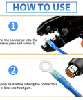 Infographic for 600Pcs heat shrink wire connector kit; step 1: crimp blue insulated terminal; step 2: apply heat with a gun.