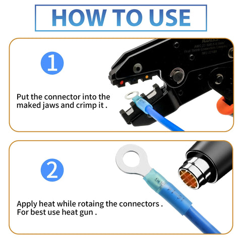 Infographic for 600Pcs heat shrink wire connector kit; step 1: crimp blue insulated terminal; step 2: apply heat with a gun.