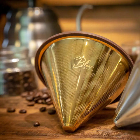 Titanium Coated Stainless Steel Pour Over Coffee Filter With Double Layer Mesh Cone for One to Four Cups on wooden counter