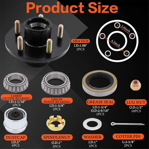 Diagram showing Two Pack Trailer Wheel Hub Kit 5 Lug 4.5 Inch for 3500 Lb Axles EZ-Lube with components and dimensions labeled