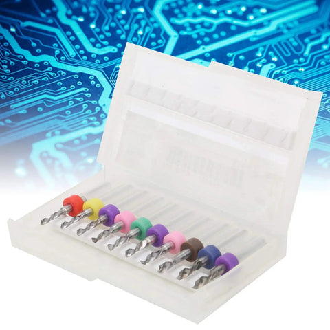 10 Piece Cemented Carbide Mini Drill Bit Set For CNC PCBs 2.1 To 3 mm Straight Shank Precision Micro Drills For Circuit Boards And Electronics Projects in open case on circuit board background