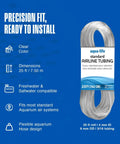 Three Sixteenth Inch Flexible Airline Hose For Aquarium Pumps Air Stones And Filters Ideal Standard Airline Tubing For Freshwater And Saltwater No Hassle Setup Twenty Five Feet Long Clear Easy To Route And Reliable Airflow package showing dimensions and features.