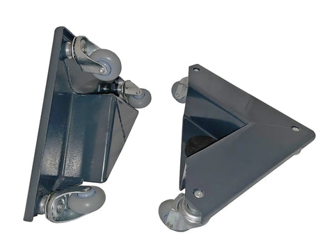 Heavy Duty Low Profile Desk Cabinet Corner Mover Dolly Set Of 4 Premium Quiet Pu Rollers With 1320 Lb Capacity showing two triangle dolly units from different angles.