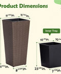 Product dimensions of All Weather Wicker Planters Set Of 2 Tall 24 Inch Square Rattan Pots in Mocha Finish showing measurements