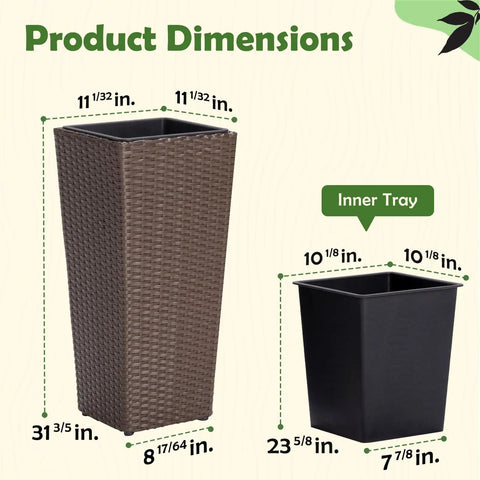 Product dimensions of All Weather Wicker Planters Set Of 2 Tall 24 Inch Square Rattan Pots in Mocha Finish showing measurements