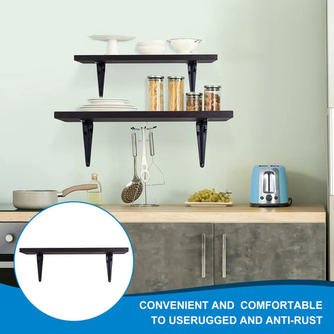 Kitchen with wall-mounted wooden shelves supported by 10 Pack Heavy Duty 12 Inch Shelf Brackets Set for Wall Mounting L Shaped Metal Brackets for Floating Shelves, Stainless Steel, Rust Resistant, Built To Last, 20 lb Per Bracket, 12 L x 10 H x 1.8 W