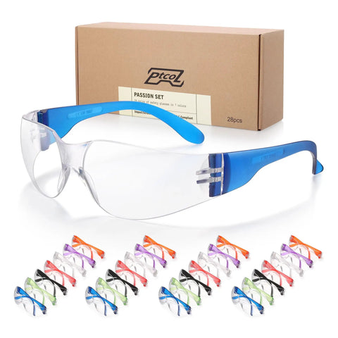 28 Pack Safety Glasses Bulk Set With 7 Color Frames Unisex Clear Anti Scratch Goggles Impact Resistant Polycarbonate Lenses ANSI Z87.1 EN166 Certified For Construction Shooting And Lab Work displayed with packaging