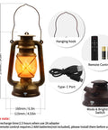 Two Pack Bronze Vintage Rechargeable Lanterns With Remote Control Four Modes Include Flickering Flame And Three Color Temperatures 3000K 4500K 6000K Perfect For Camping Power Outages And Outdoor Adventures, showing a lantern with remote, USB-C cable, and brightness switch.