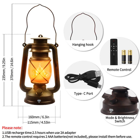 Two Pack Bronze Vintage Rechargeable Lanterns With Remote Control Four Modes Include Flickering Flame And Three Color Temperatures 3000K 4500K 6000K Perfect For Camping Power Outages And Outdoor Adventures, showing a lantern with remote, USB-C cable, and brightness switch.