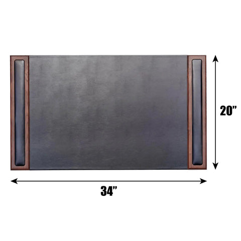 Wood And Leather Boss Desk Pad With Side Rails For Writing, Luxury Leather Blotter, 34 By 20 Inches, Walnut And Black Finish, Handcrafted