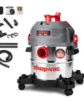 Heavy Duty Five Gallon Wet And Dry Shop Vacuum With Sleek Stainless Tank and attachments displayed, ideal for garage and shop cleaning.