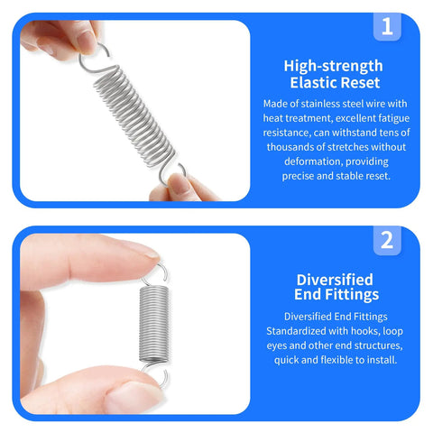 Premium 304 Stainless Steel Extension Springs With Double Hook Ends 10 Piece Pack shown in hands demonstrating strength and design.