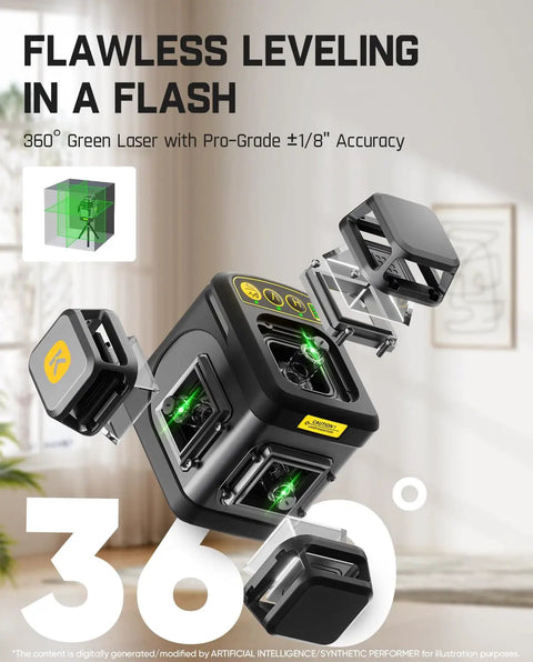 D12 Ace Laser Level With 3x360 Degree Lines 16 Lines Self Leveling For Construction Projects Pro Grade Laser Alignment Tool For Quick Leveling And Plumb, black ABS+PC housing, 360° green laser