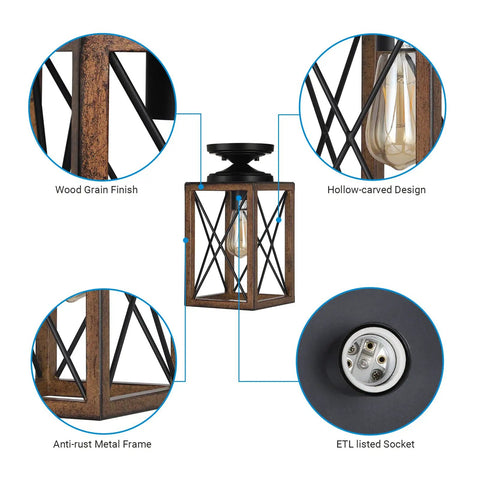 Rustic Farmhouse Flush Mount Ceiling Light With Metal Frame And Wood Grain Finish, Industrial Square Cage Design Overview