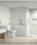 Bathroom with Square 18 Inch Grab Bar For Bathrooms Heavy Duty Metal Build With 300 Lb Load Capacity, sleek low profile design.