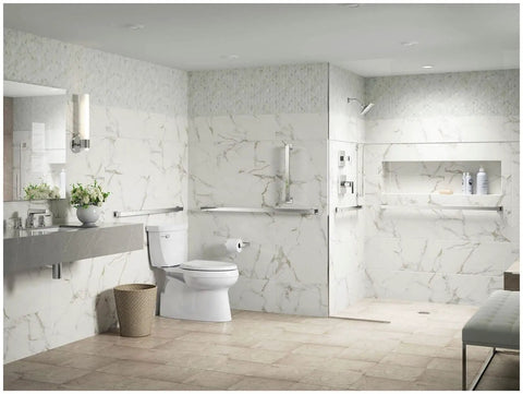 Bathroom with Square 18 Inch Grab Bar For Bathrooms Heavy Duty Metal Build With 300 Lb Load Capacity, sleek low profile design.