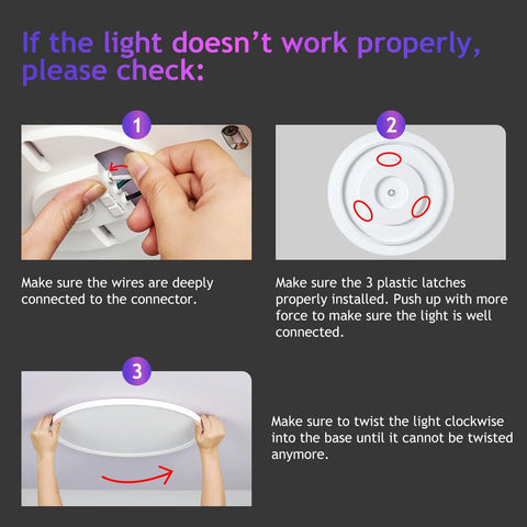 Steps to troubleshoot Lit RGB Ceiling Light With Music Sync Remote Control Alexa WiFi And Tuya App 14 Inch Dimmable Flush Mount LED