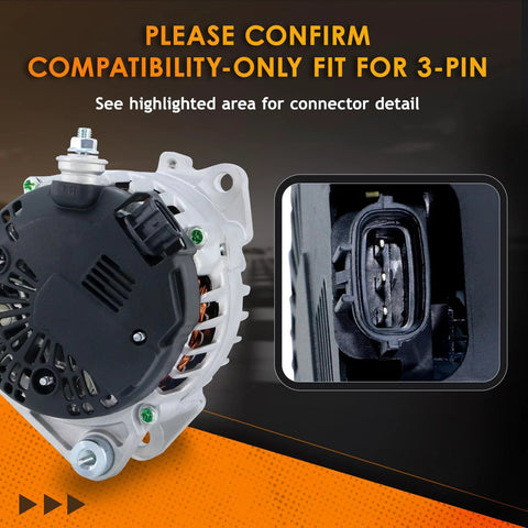 12V 110 Amp Bolt On Plug And Play Alternator With 3 Pin Connector Fits 2007 2012 Altima 2.5L, 2011 2013 Rogue 2.5L, And 2013 Altima Coupe S Replaces 11258N, 23100 JA02A, 400 40102 AL2407X AVA0074 TG12C032 showing rear view with 3-pin detail
