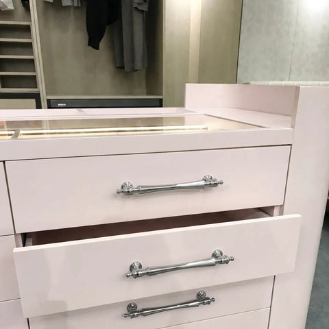 Polished Chrome Cabinet Pulls 5 Inch Hole Centers 6 Pack Zinc Alloy Modern Drawer Handles on white dresser