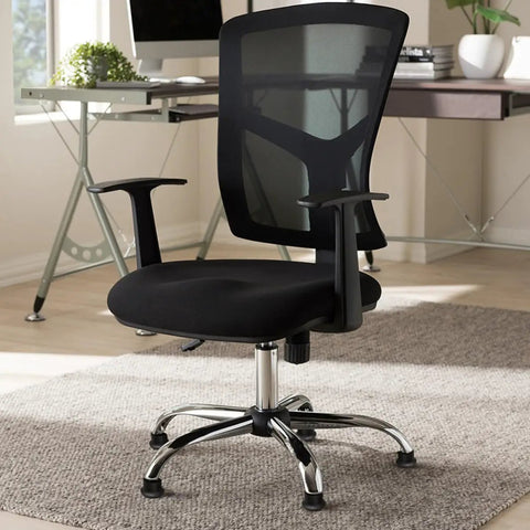 Office chair with leg floor protectors, black iron and PU material foot glides, home office use, prevents scratches and scuffs.