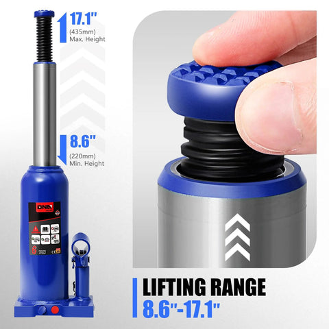 DNA Motoring 6-ton hydraulic bottle jack, blue steel body with silver lifting piston, front view