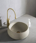 Solid Round Porcelain Vessel Sink With Chill Above Counter Basin Vibes 15.7 Inch Artistic Ceramic Vanity Bowl For Modern Home Lavatory Top Shelf Fixture That Totally Hits Different with gold faucet