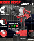 Three Quarter Inch Cordless Impact Wrench Bare Tool, High Torque 1850 Ft Lbs 2500 Nm, Brushless Power, Four Speed Modes And LED Work Light