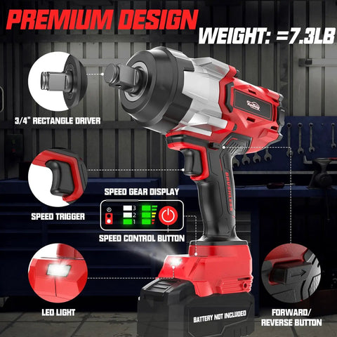 Three Quarter Inch Cordless Impact Wrench Bare Tool, High Torque 1850 Ft Lbs 2500 Nm, Brushless Power, Four Speed Modes And LED Work Light