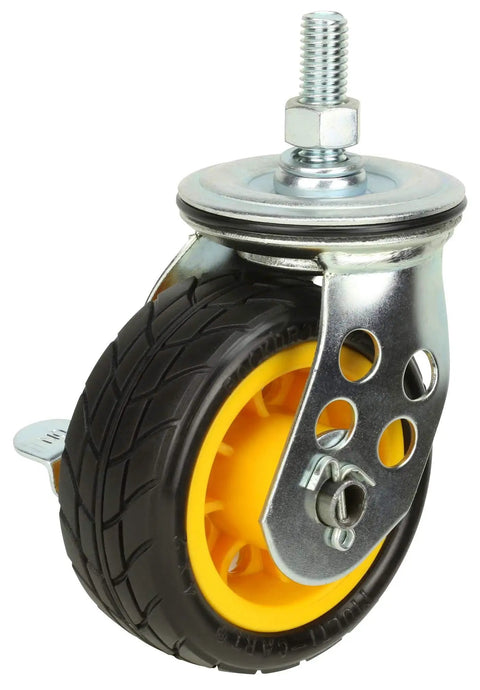Hardcore Durable 4 X 2 Inch Wide Caster Wheels With Parking Brake 2 Pack close-up showing rubber tire and metal mount.