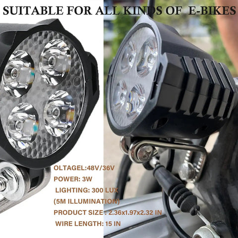 LED Headlight With Horn For Electric Bicycles And E Scooters Waterproof 3 Pin Female Connector 36V 48V Compatible 4 Beads High Output Front Light Replacement For Bike With 15 Inch Wire
