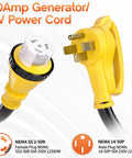 Close-up of a 25-Foot 50 Amp Generator Cord with NEMA 14-50P plug and SS2-50R Beefy Twist Lock plug, heavy-duty copper for RV use.