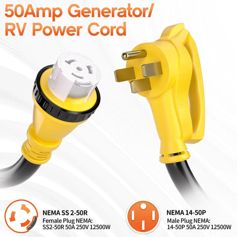 Close-up of a 25-Foot 50 Amp Generator Cord with NEMA 14-50P plug and SS2-50R Beefy Twist Lock plug, heavy-duty copper for RV use.