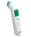 TempleSwipe Digital Thermometer With Color Coded Fever Guide Backlit Display For Adults And Kids Fast Accurate Readings No Fuss Temple Swipe Check Green Yellow Red Fever Indicators Kid Friendly white plastic forehead thermometer with green display and buttons