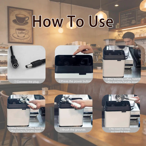 No Sweat Coffee Game Changer Electric Portafilter Cleaner With Knock Box For Home Or Cafe Includes Two 58 Millimeter Scrapers Plus White Cleaning Brush Head, usage guide with steps and images.