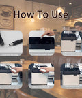 Sleek Electric Portafilter Cleaner With Auto Espresso Knock Box instructional image showing steps to use for home coffee crews.