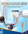 Illustration showing a clogged pipe with a 25 Inch Drain Snake Hair Remover Set clearing hair and debris.