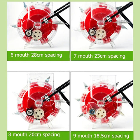 Easy Push Hand Seed Planter And Fertilizer Roller Seeder With 6 Seed Plates showing different seed spacing options