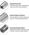 Three features of Two Piece Tap And Die Set For 5/8-11 UNC Left Hand Threads shown: straight flute tap, clear threads, square shank.