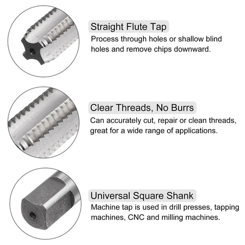 Three features of Two Piece Tap And Die Set For 5/8-11 UNC Left Hand Threads shown: straight flute tap, clear threads, square shank.