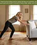Woman using Heavy Duty Self Adhesive Furniture Sliders Table And Chair Leg Protectors on a sofa in a living room.