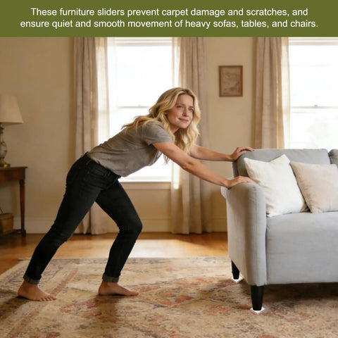 Woman using Heavy Duty Self Adhesive Furniture Sliders Table And Chair Leg Protectors on a sofa in a living room.