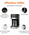 12 Cup Drip Coffee Maker With Glass Carafe 1.9 Qt Auto Shutoff Auto Pause Removable Filter Basket No Fuss Setup Black And Silver Finish