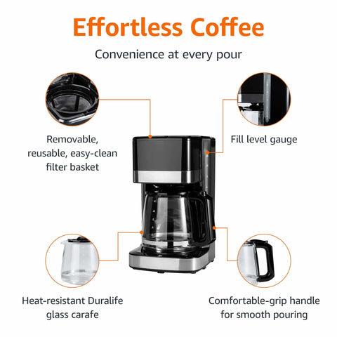 12 Cup Drip Coffee Maker With Glass Carafe 1.9 Qt Auto Shutoff Auto Pause Removable Filter Basket No Fuss Setup Black And Silver Finish