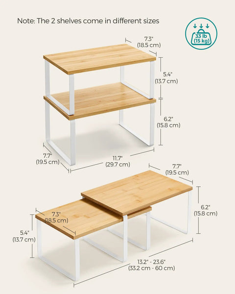 Dimensions of Stackable Cabinet Organizer Shelves Set Of 4 Hella Super Convenient Kitchen Pantry Storage, featuring bamboo and white metal.