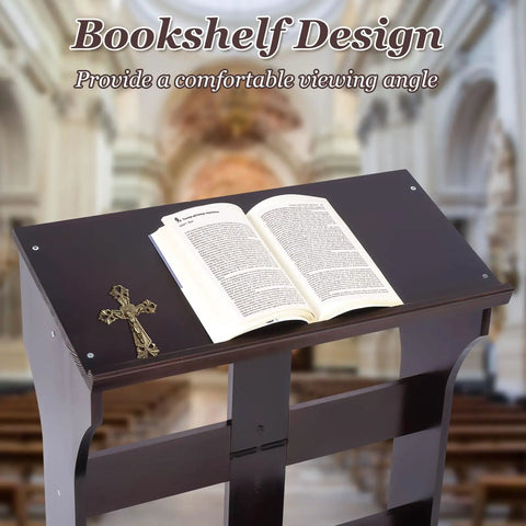 Close-up of Wooden Prayer Kneeler Bench With Cushion Pad For Home Or Church, showing the slanted top with a Bible and cross.