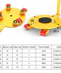 Heavy Duty Machine Skates, Built Like A Tank With Thick Steel Plates, yellow dolly with rotating wheels, dimensions displayed.