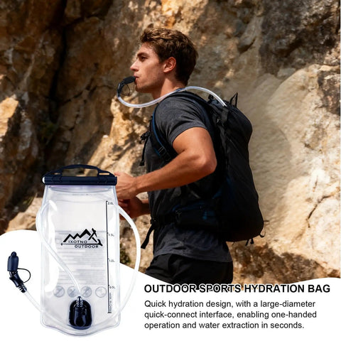 Man hiking with All Day Hydration Bladder for Hiking and Outdoors 1.5L to 2L Large Opening Water Reservoir, using sip tube.