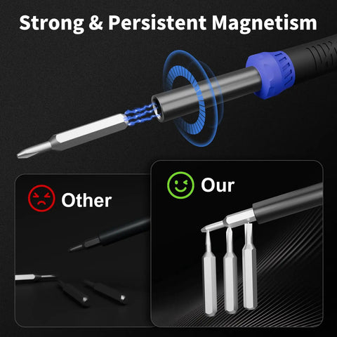 Magnetized tip of Compact 64 Piece Precision Screwdriver Set With Torx Triwing Pentalobe Bits for Electronics Repair Kit shows strong hold.